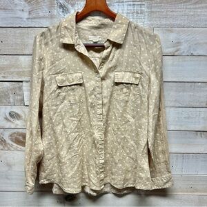 Charter Club Luxury Top Womens XL Beige Linen Polka‎ Dot Roll Tab Long Sleeve